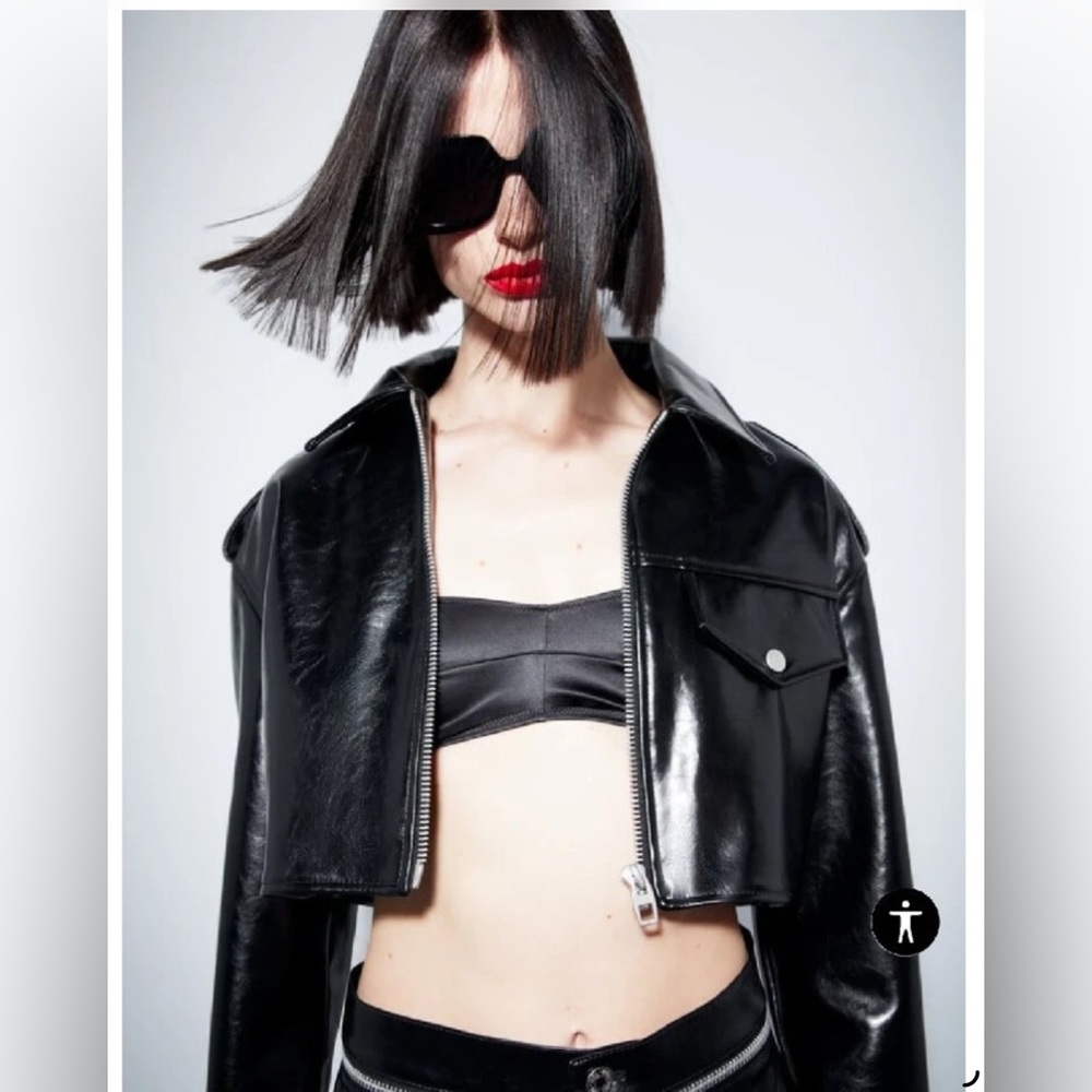Zara Black Cropped Faux Leather Jacket with Epaulets Size Medium
